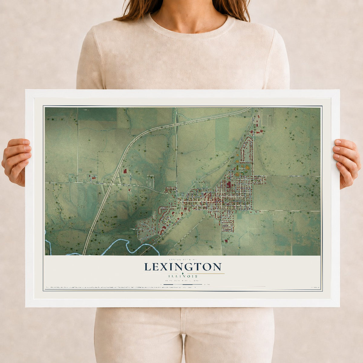 Map of Lexington, Illinois, 12 x 18 inch print in a white wood frame