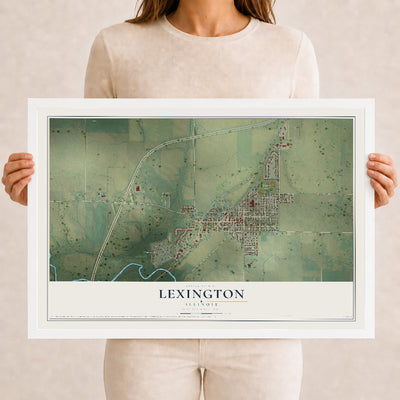 Map of Lexington, Illinois, 12 x 18 inch print in a white wood frame