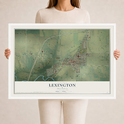 Map of Lexington, Illinois, 24 x 36 inch print in a white wood frame