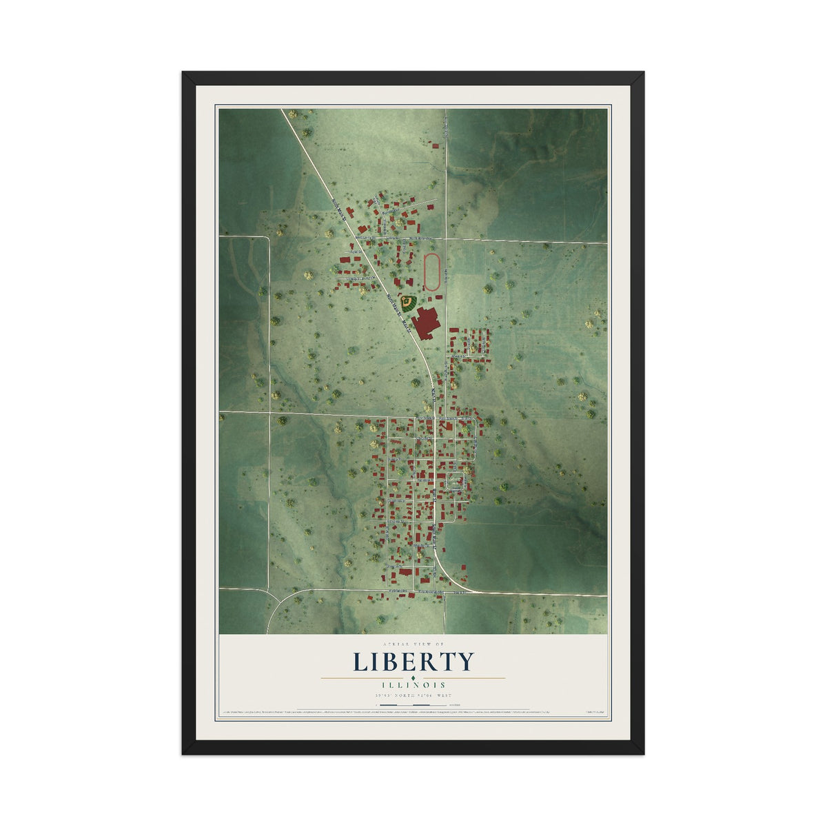Map of Liberty, Illinois, 12 x 18 inch print in a black wood frame