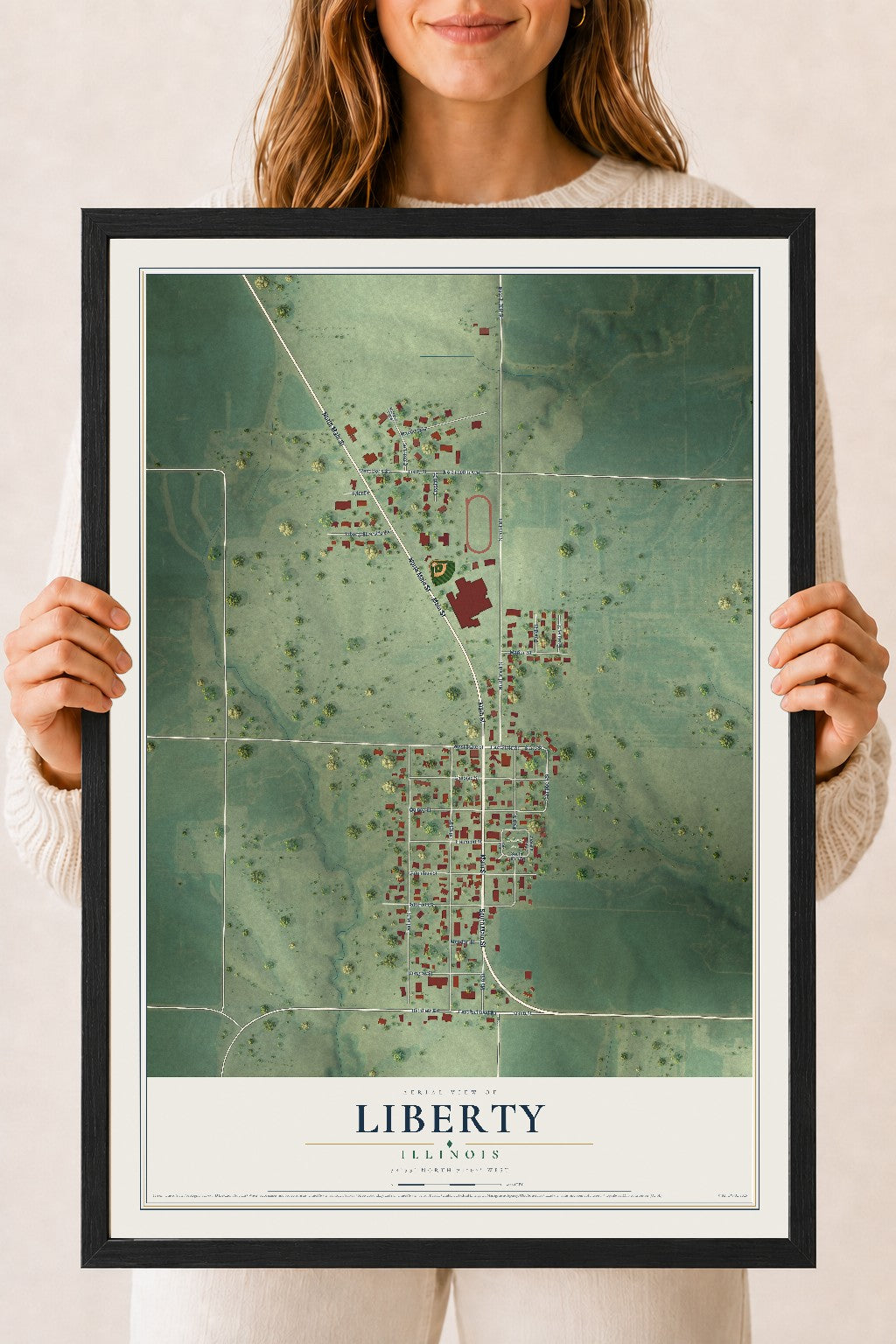 Map of Liberty, Illinois, 18 x 24 inch print in a black wood frame
