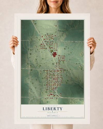 Map of Liberty, Illinois, 24 x 36 inch print in a white wood frame