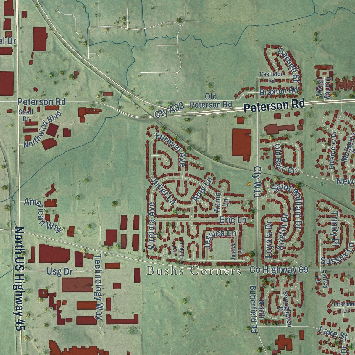 Second close-up of the map of Libertyville, Illinois print showing more streets and buildings