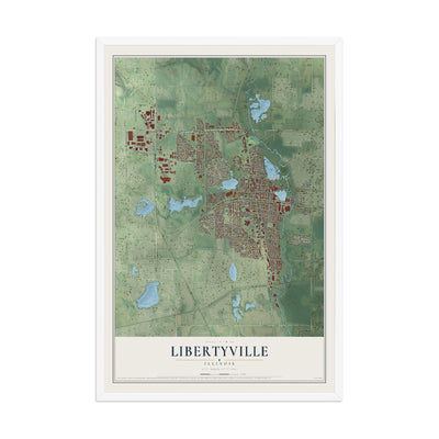 Map of Libertyville, Illinois, 12 x 18 inch print in a white wood frame