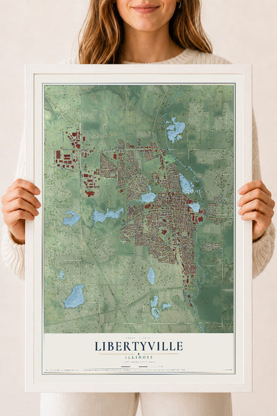 Map of Libertyville, Illinois, 18 x 24 inch print in a white wood frame