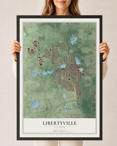 Map of Libertyville, Illinois, 24 x 36 inch print in a black wood frame