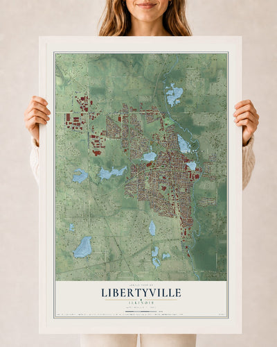 Map of Libertyville, Illinois, 24 x 36 inch print in a white wood frame