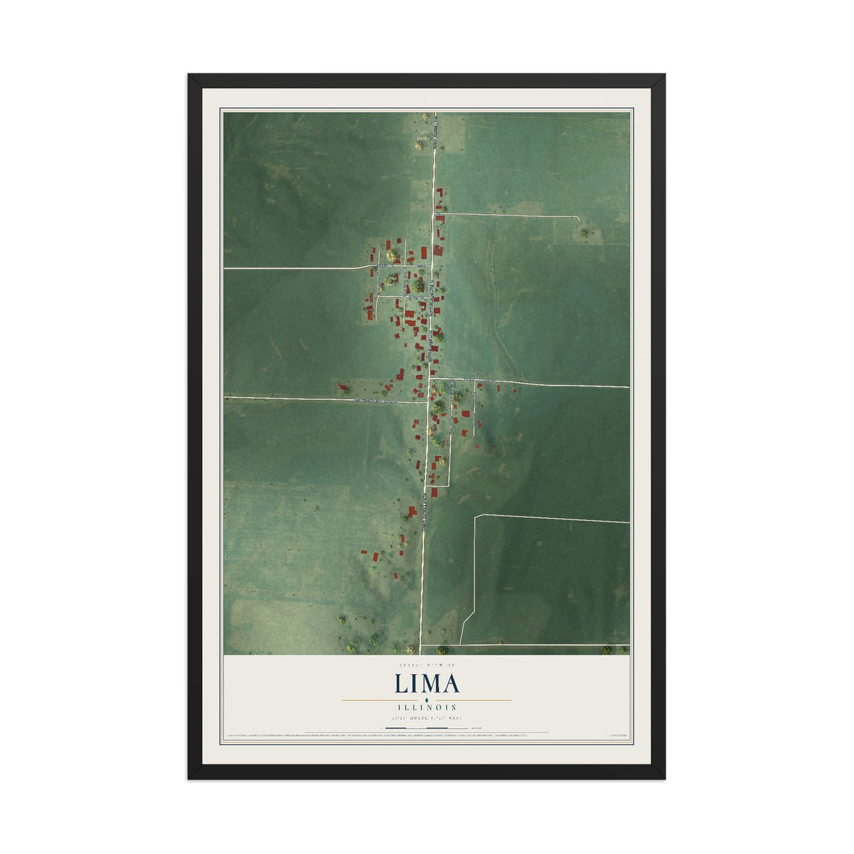 Map of Lima, Illinois, 12 x 18 inch print in a black wood frame