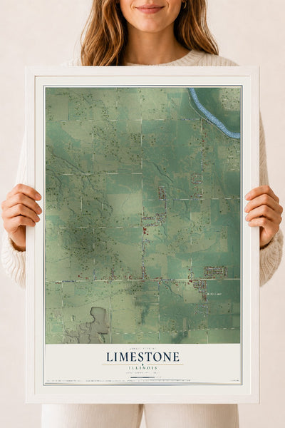 Map of Limestone, Illinois, 18 x 24 inch print in a white wood frame