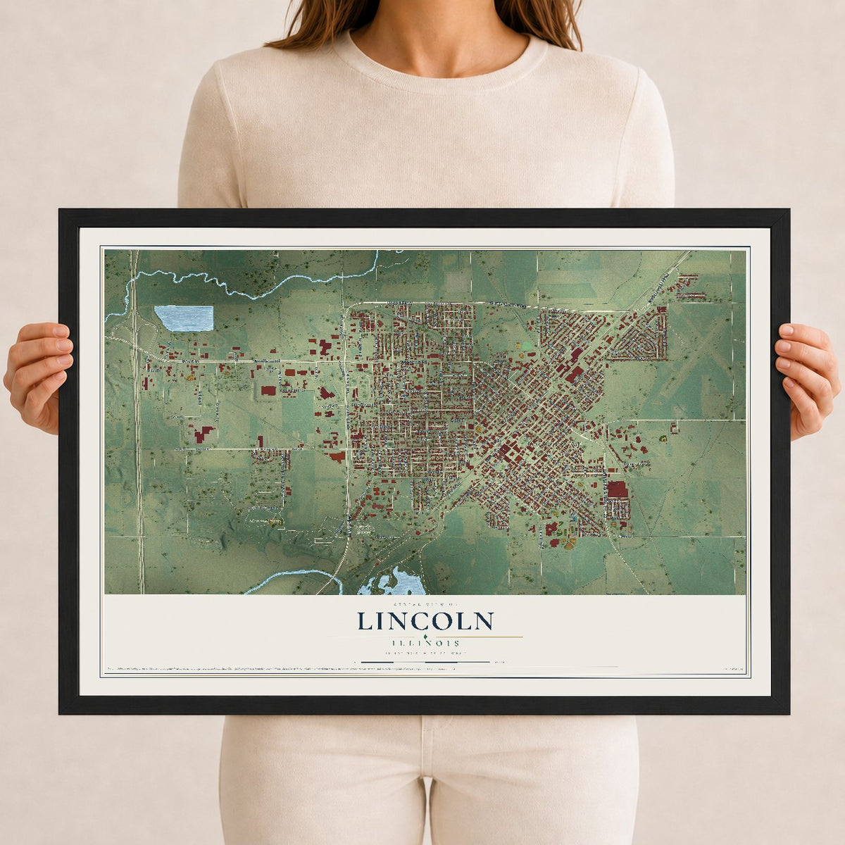 Map of Lincoln, Illinois, 12 x 18 inch print in a black wood frame