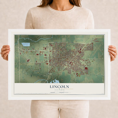 Map of Lincoln, Illinois, 12 x 18 inch print in a white wood frame