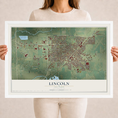 Map of Lincoln, Illinois, 18 x 24 inch print in a white wood frame