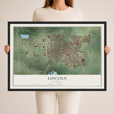 Map of Lincoln, Illinois, 24 x 36 inch print in a black wood frame
