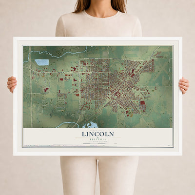 Map of Lincoln, Illinois, 24 x 36 inch print in a white wood frame