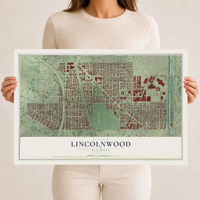 Map of Lincolnwood, Illinois, 12 x 18 inch unframed archival matte print