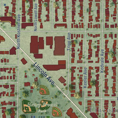 Close-up of the map of Lincolnwood, Illinois print showing street and building detail