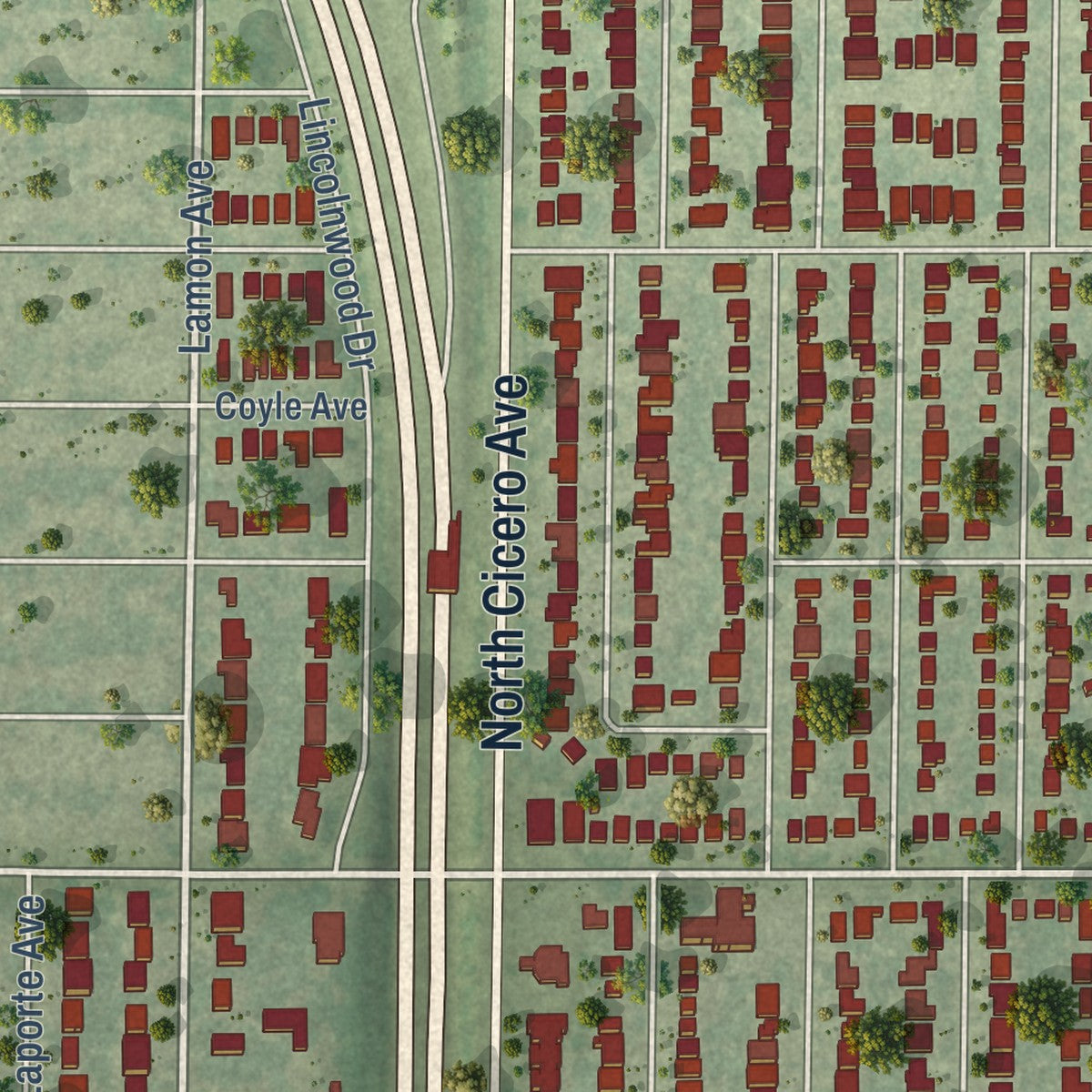 Second close-up of the map of Lincolnwood, Illinois print showing more streets and buildings