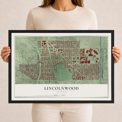 Map of Lincolnwood, Illinois, 12 x 18 inch print in a black wood frame