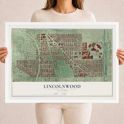 Map of Lincolnwood, Illinois, 18 x 24 inch print in a white wood frame