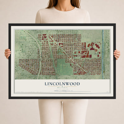 Map of Lincolnwood, Illinois, 24 x 36 inch print in a black wood frame