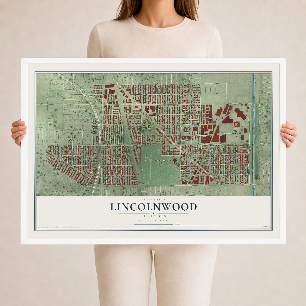 Map of Lincolnwood, Illinois, 24 x 36 inch print in a white wood frame