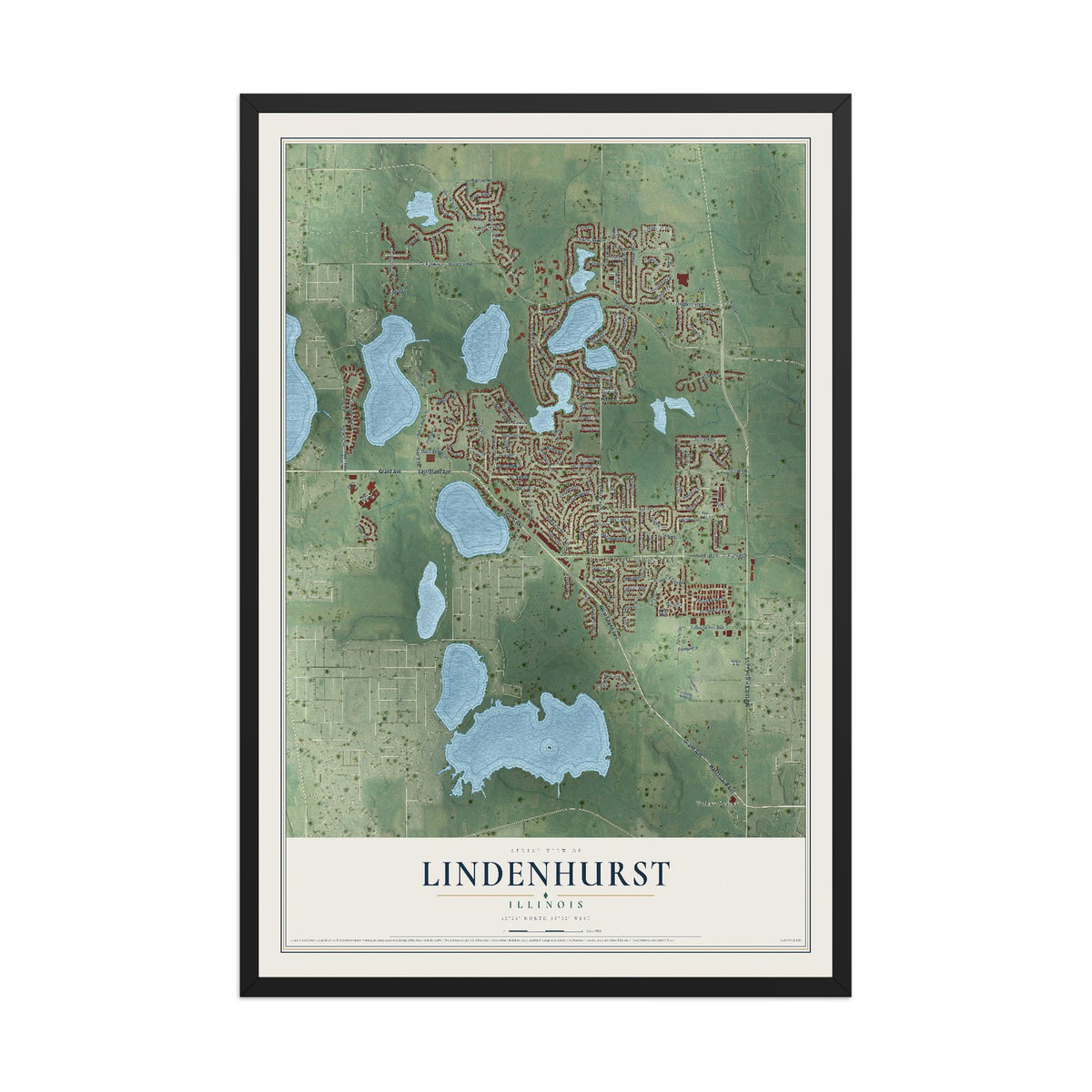 Map of Lindenhurst, Illinois, 12 x 18 inch print in a black wood frame