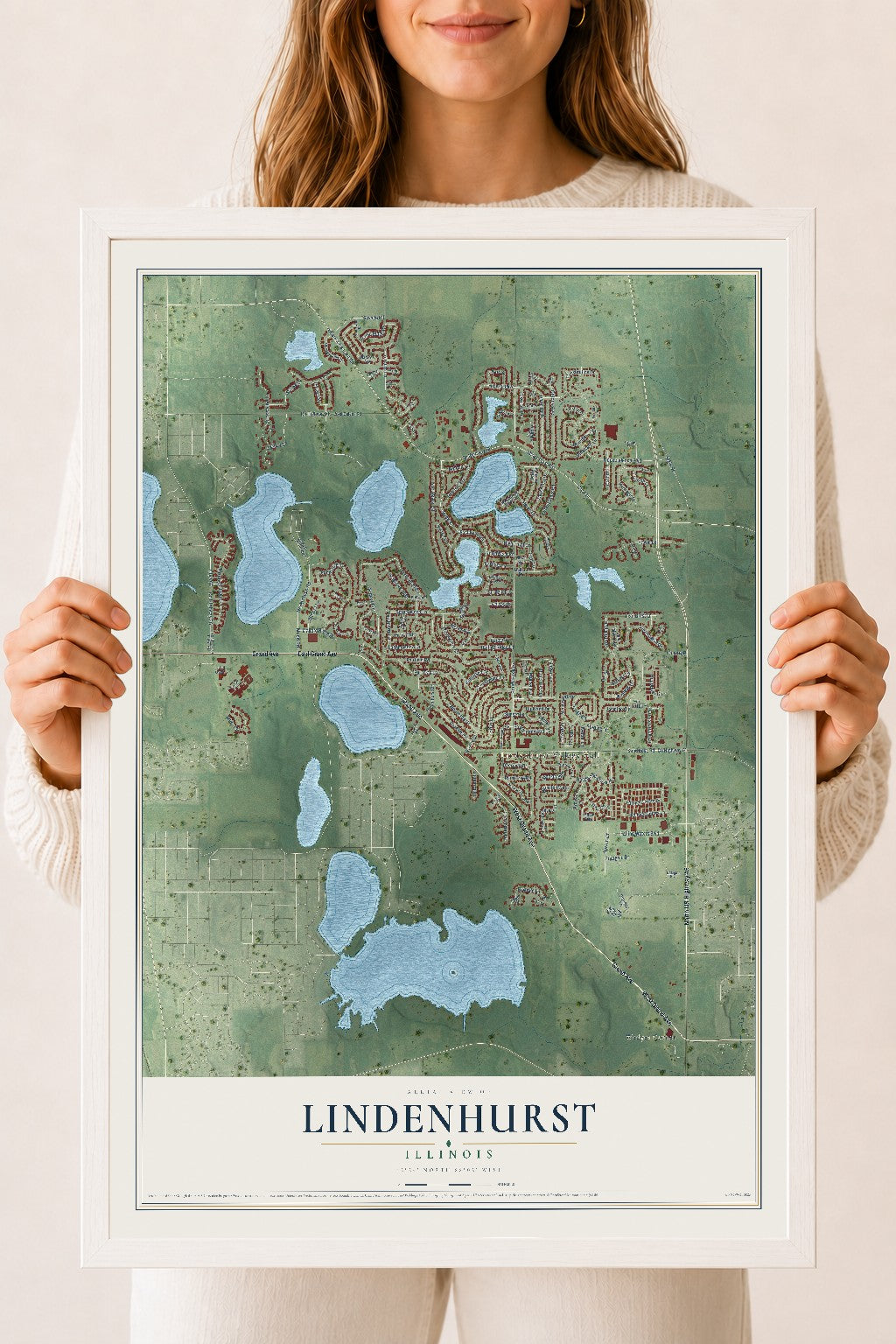 Map of Lindenhurst, Illinois, 18 x 24 inch print in a white wood frame