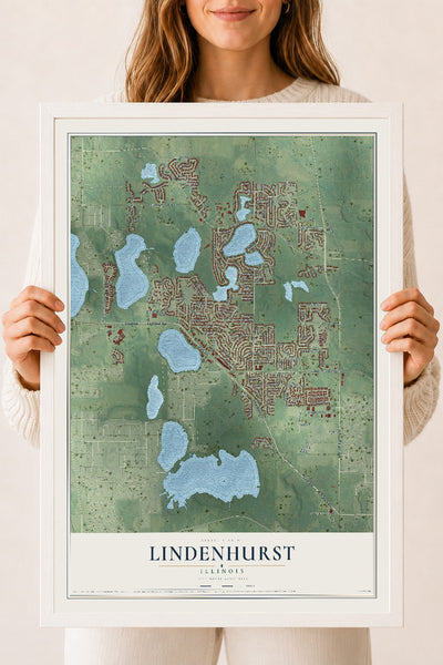 Map of Lindenhurst, Illinois, 18 x 24 inch print in a white wood frame