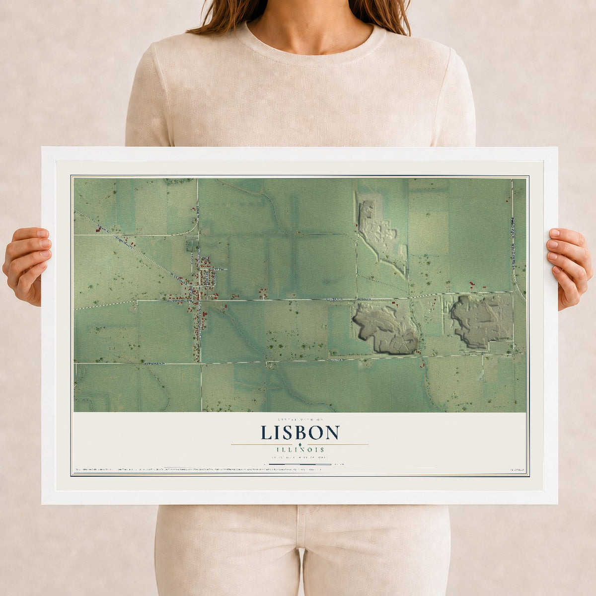 Map of Lisbon, Illinois, 12 x 18 inch print in a white wood frame