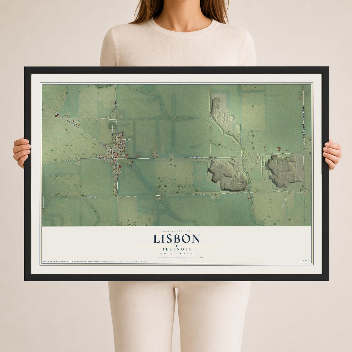 Map of Lisbon, Illinois, 24 x 36 inch print in a black wood frame