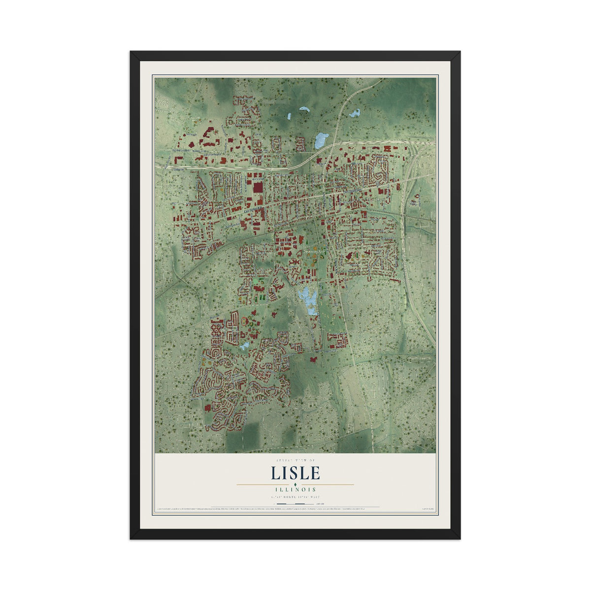 Map of Lisle, Illinois, 12 x 18 inch print in a black wood frame