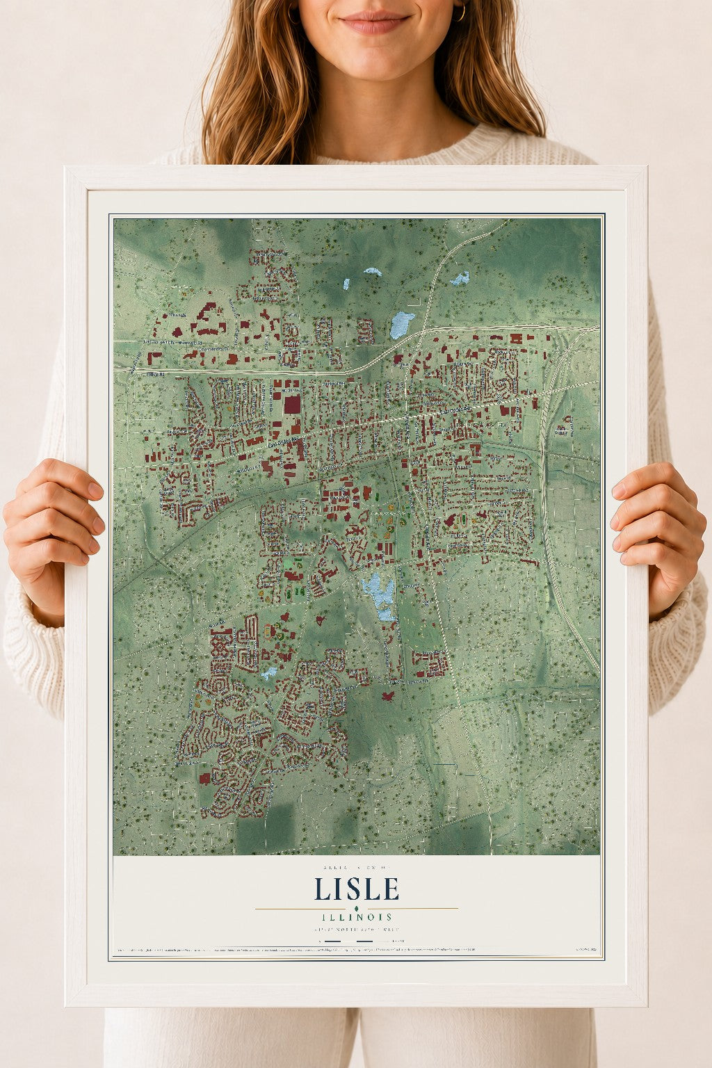 Map of Lisle, Illinois, 18 x 24 inch print in a white wood frame