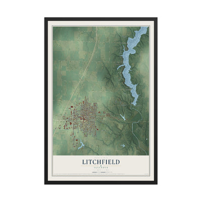 Map of Litchfield, Illinois, 12 x 18 inch print in a black wood frame