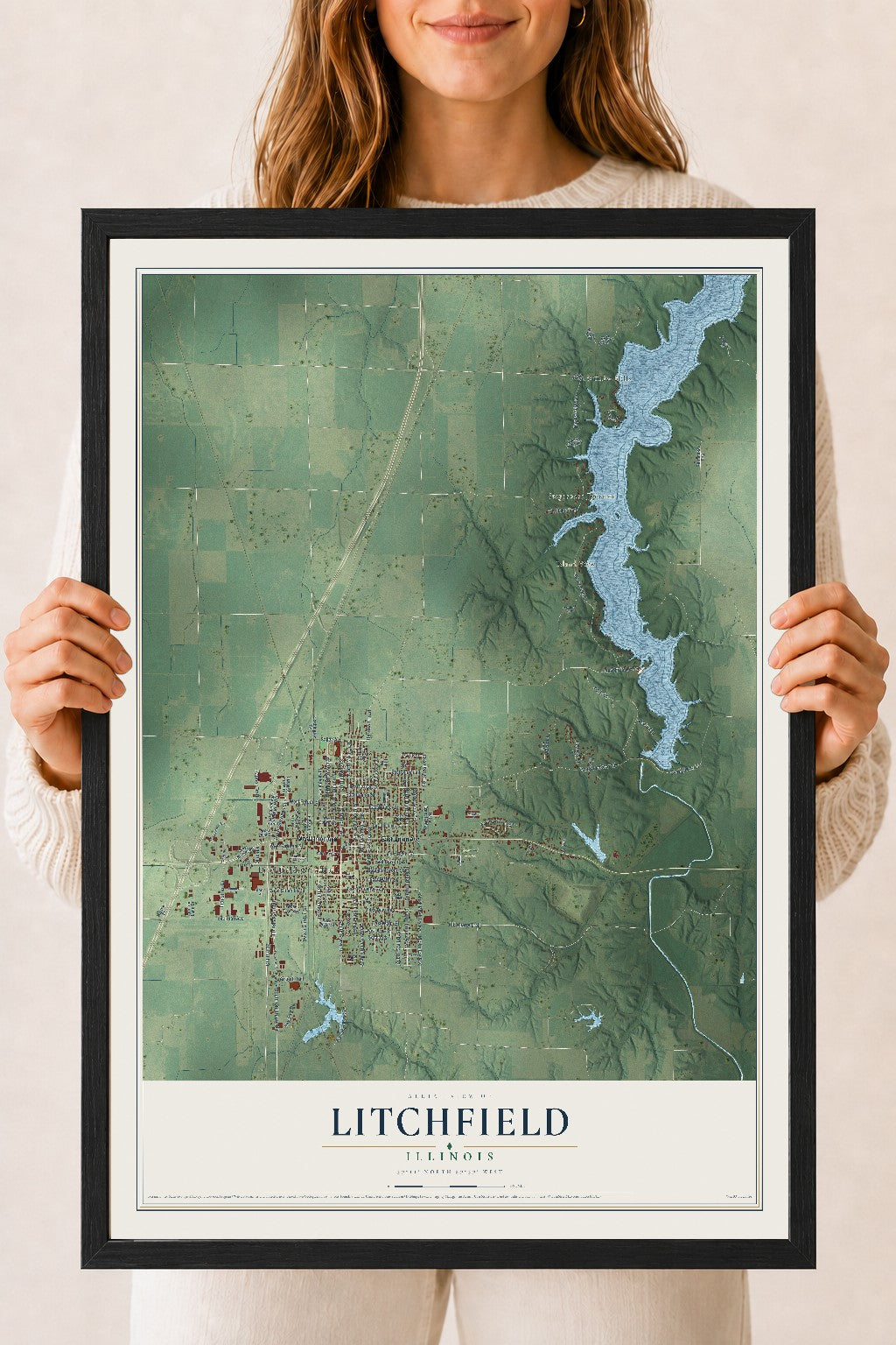 Map of Litchfield, Illinois, 18 x 24 inch print in a black wood frame