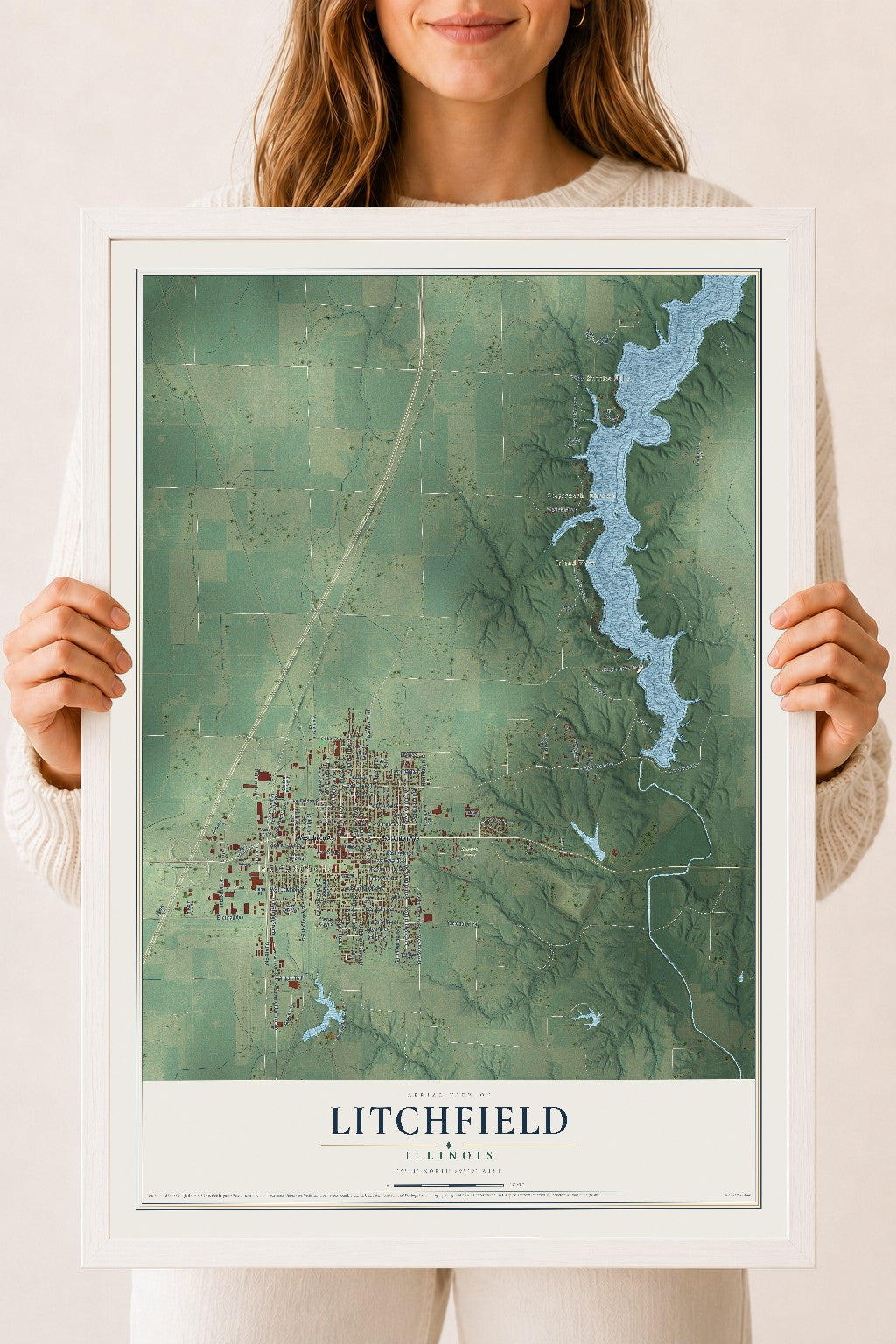 Map of Litchfield, Illinois, 18 x 24 inch print in a white wood frame
