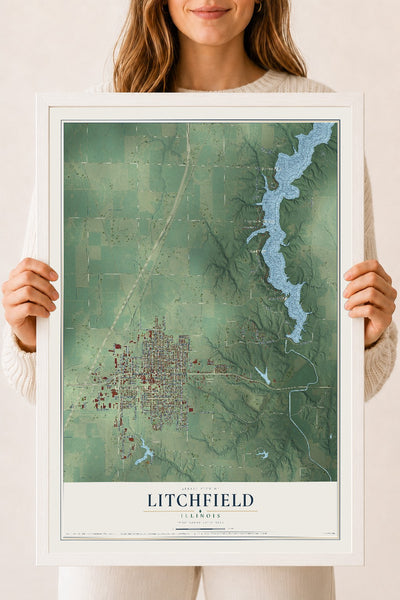 Map of Litchfield, Illinois, 18 x 24 inch print in a white wood frame