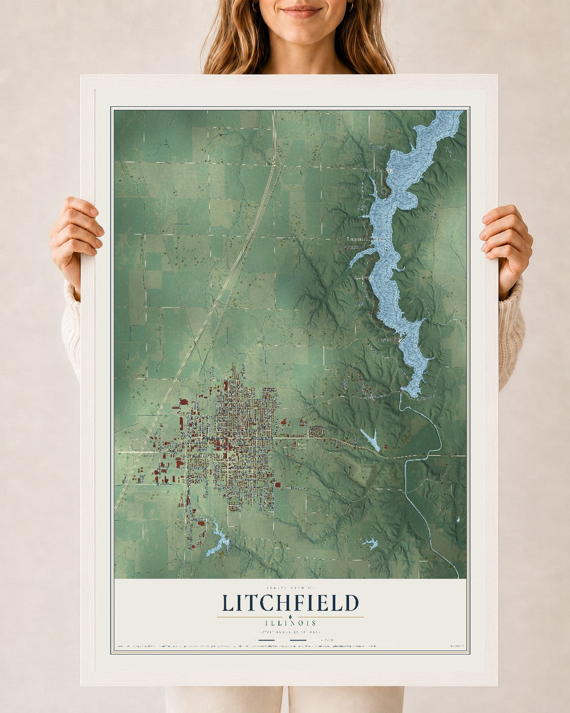 Map of Litchfield, Illinois, 24 x 36 inch print in a white wood frame
