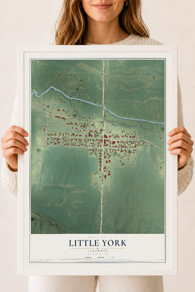 Map of Little York, Illinois, 18 x 24 inch print in a white wood frame