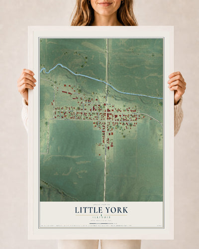 Map of Little York, Illinois, 24 x 36 inch print in a white wood frame