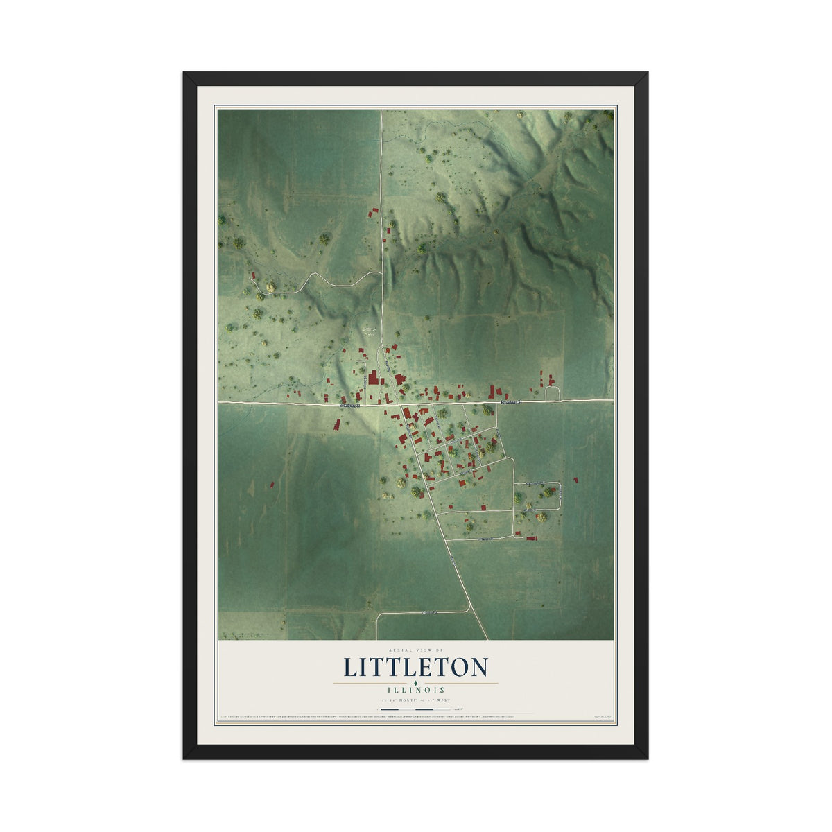 Map of Littleton, Illinois, 12 x 18 inch print in a black wood frame