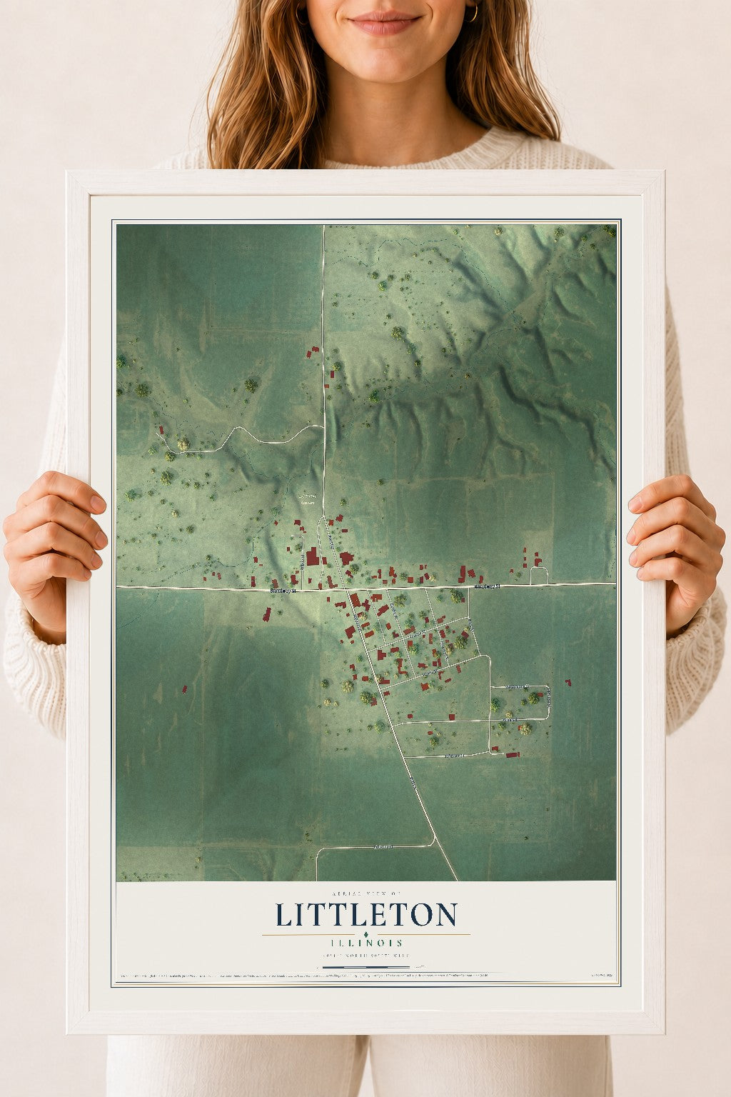 Map of Littleton, Illinois, 18 x 24 inch print in a white wood frame