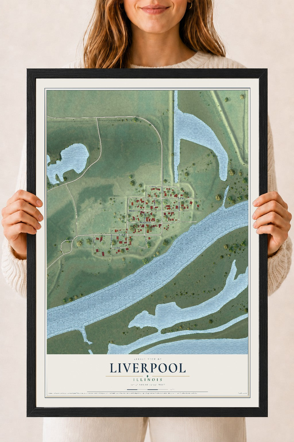 Map of Liverpool, Illinois, 18 x 24 inch print in a black wood frame