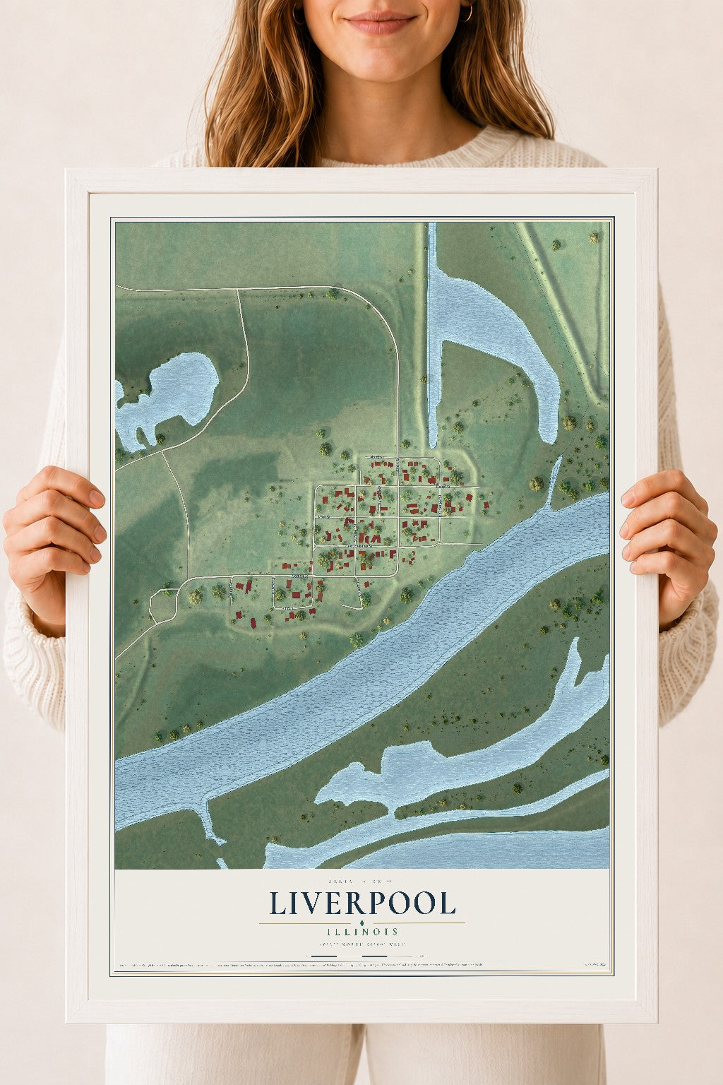 Map of Liverpool, Illinois, 18 x 24 inch print in a white wood frame