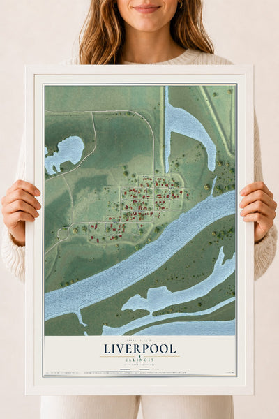 Map of Liverpool, Illinois, 18 x 24 inch print in a white wood frame
