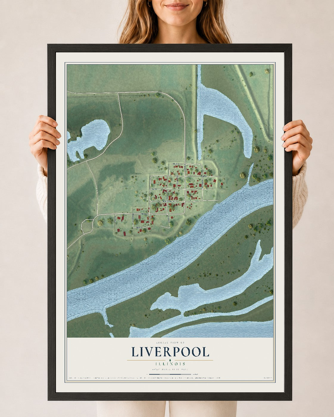 Map of Liverpool, Illinois, 24 x 36 inch print in a black wood frame