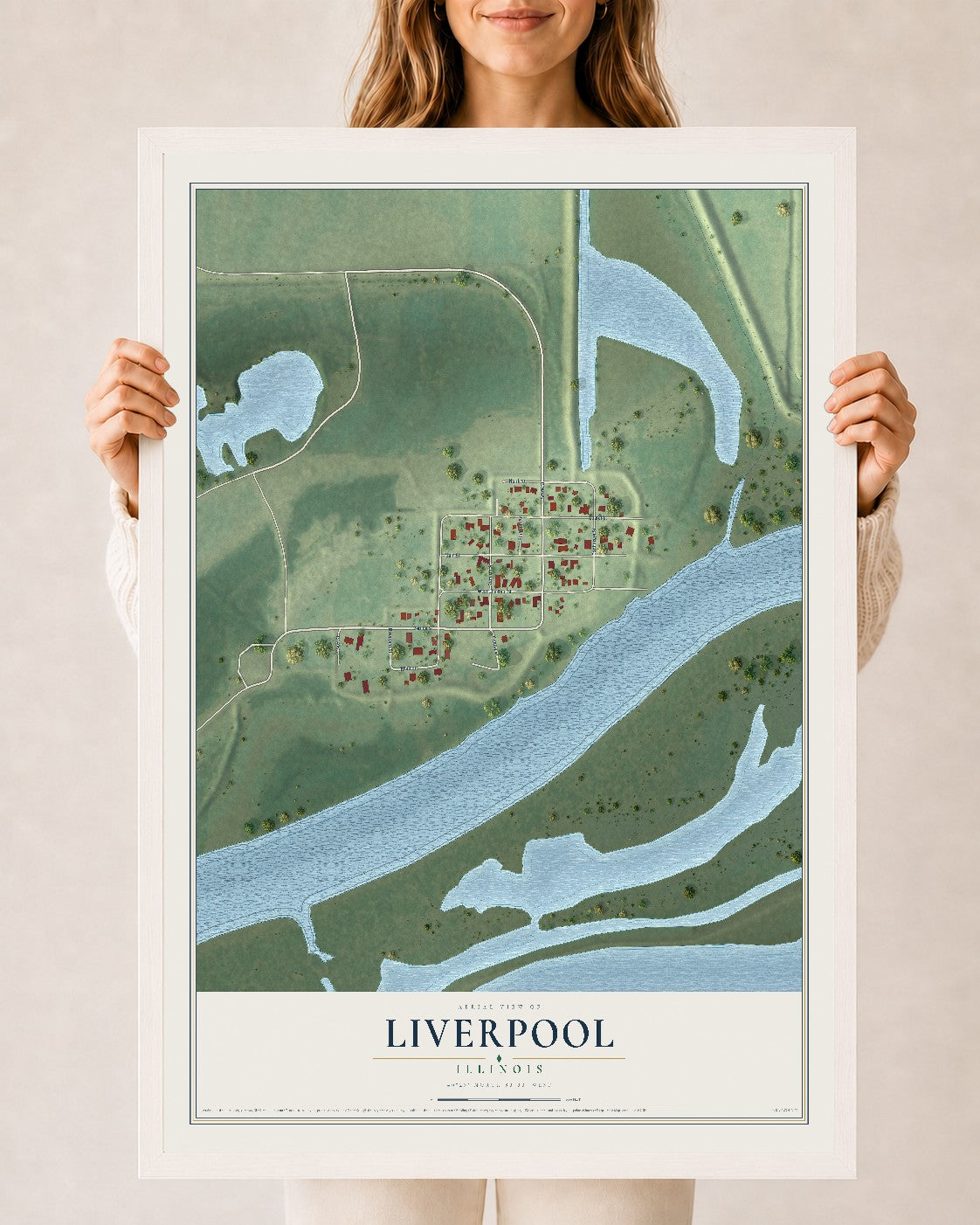 Map of Liverpool, Illinois, 24 x 36 inch print in a white wood frame