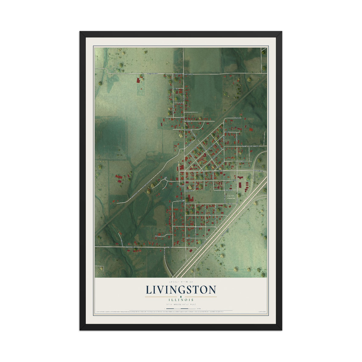 Map of Livingston, Illinois, 12 x 18 inch print in a black wood frame
