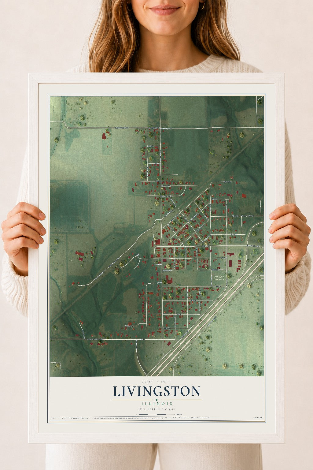 Map of Livingston, Illinois, 18 x 24 inch print in a white wood frame