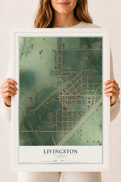 Map of Livingston, Illinois, 18 x 24 inch print in a white wood frame
