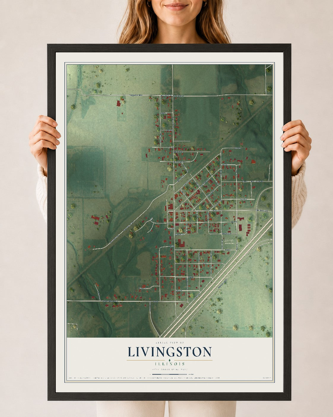 Map of Livingston, Illinois, 24 x 36 inch print in a black wood frame